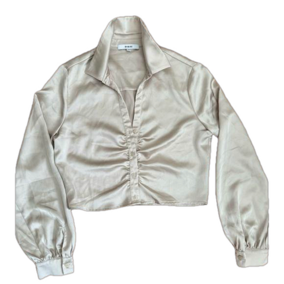 Ro & De Cream Silk Long Sleeve Button Up Crop Top - Picture 1 of 6